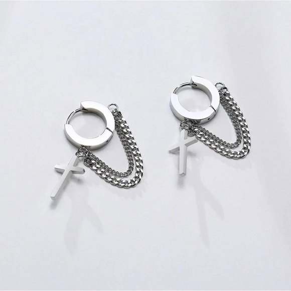 Stainless Steel Cross Double Chain Huggie Hoops Earring Pair for Mens Earrings - Picture 6 of 7